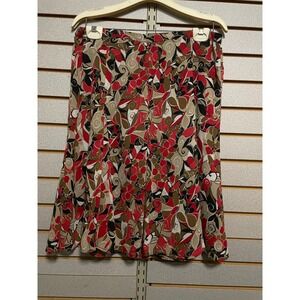 George Women Size 10 Floral Print A-Line Skirt Midi Red Brown Black Beige